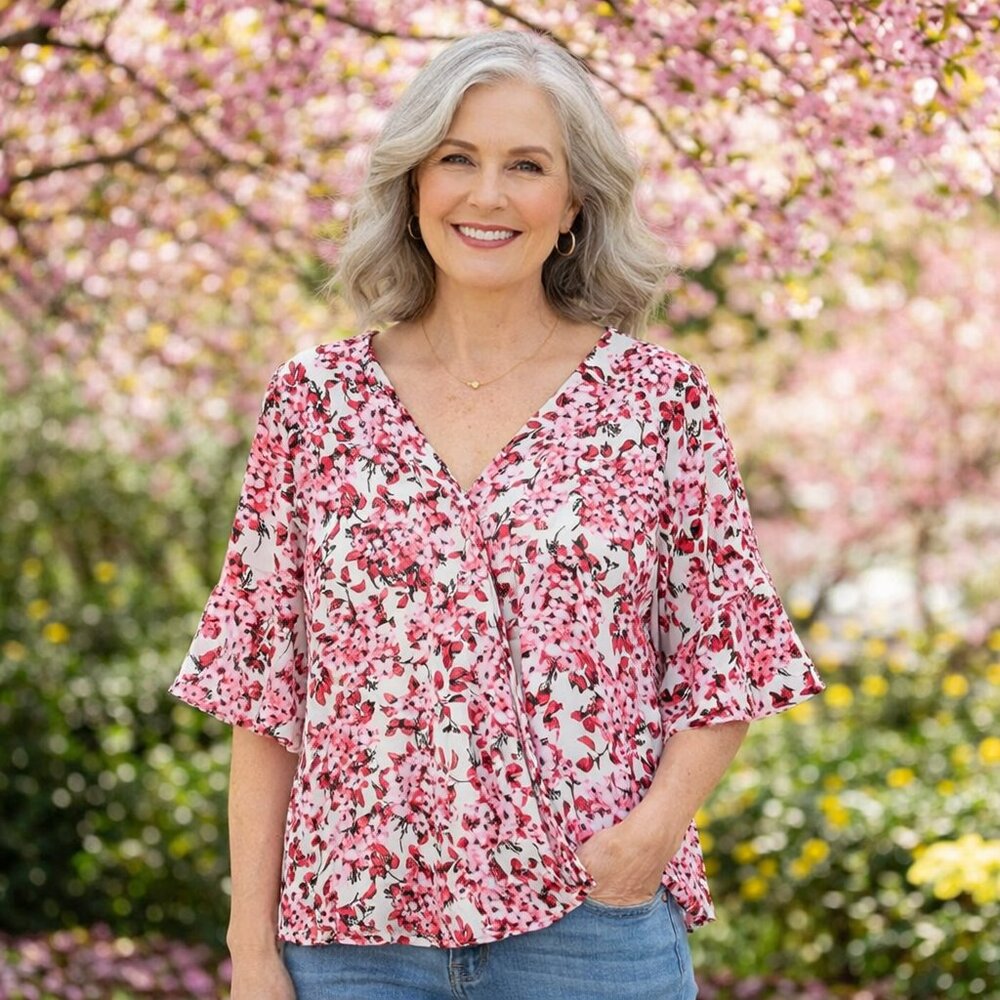 Milano Floral Faux Wrap Flutter Sleeve Blouse Sz L Cherry Blossoms Pink Red